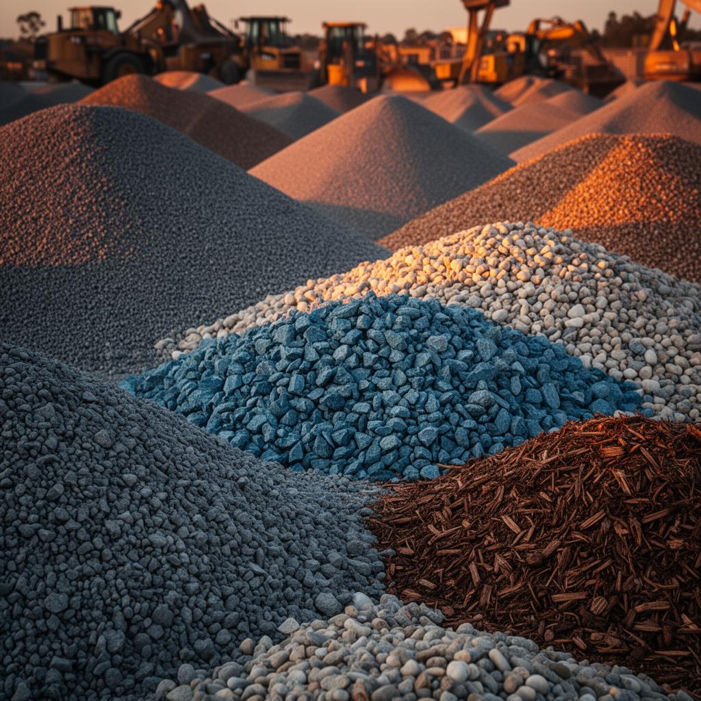 Heaps of mulch, gravel, sand and road base at a supply yard